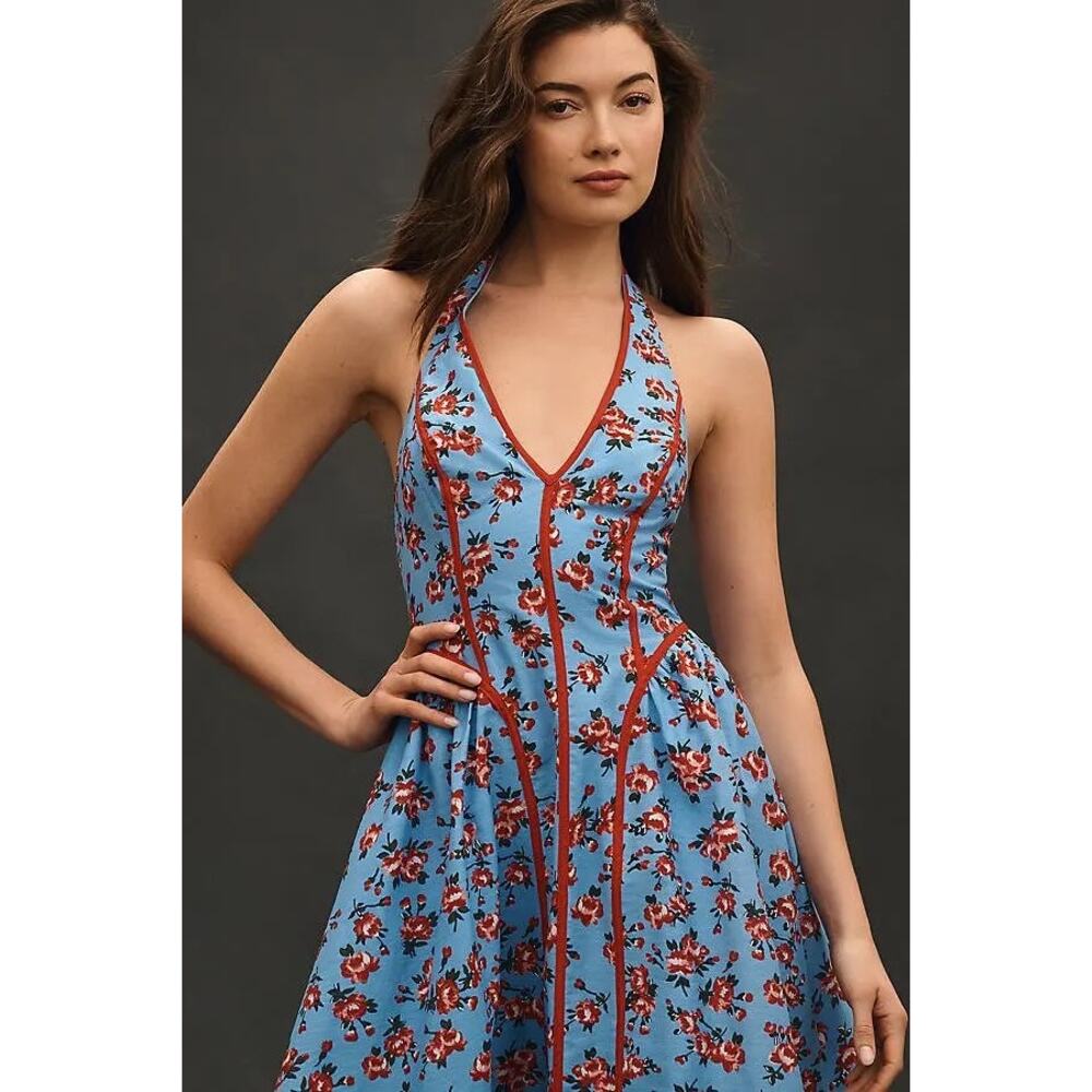 NWT by ANTHROPOLOGIE sz L Halter V-Neck Fit and Flare midi dress in blue floral - Picture 3 of 6